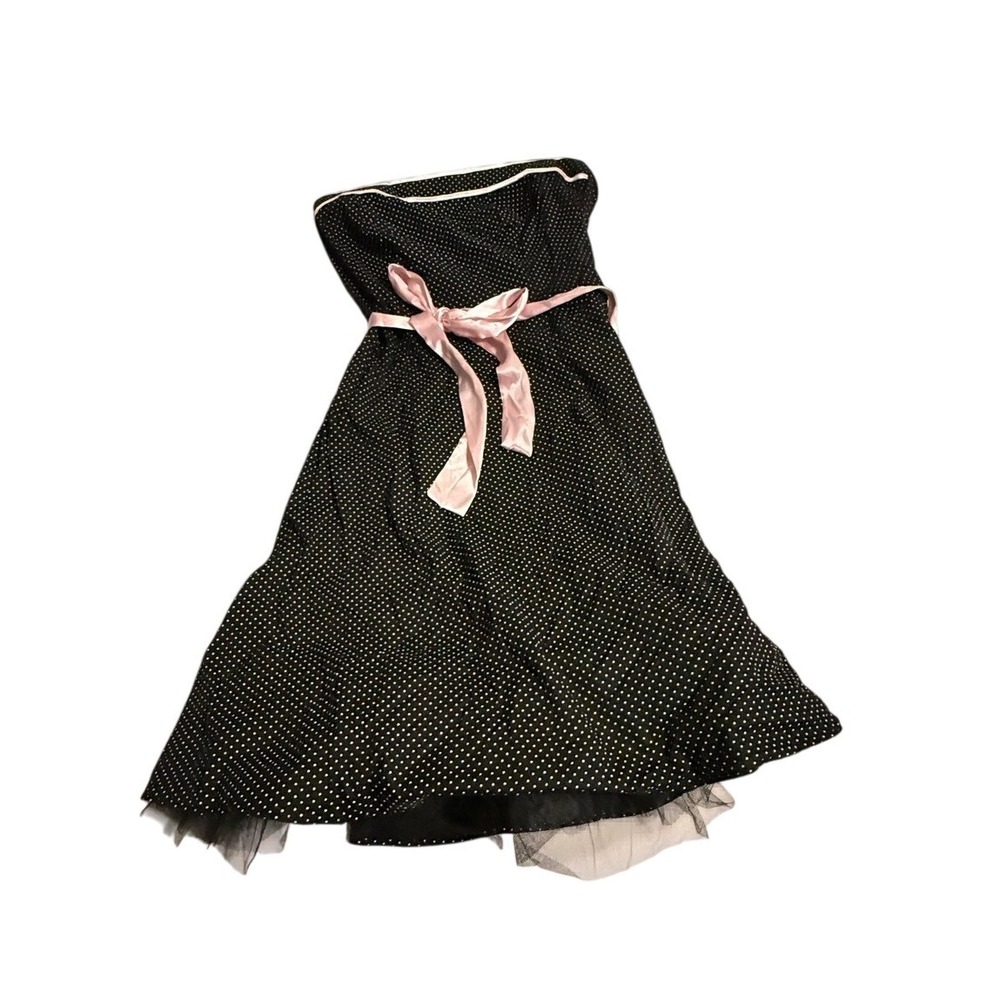 Black Polka Dot Strapless Dress Pink Satin Sash Tulle Crinoline Retro‎ Style 18